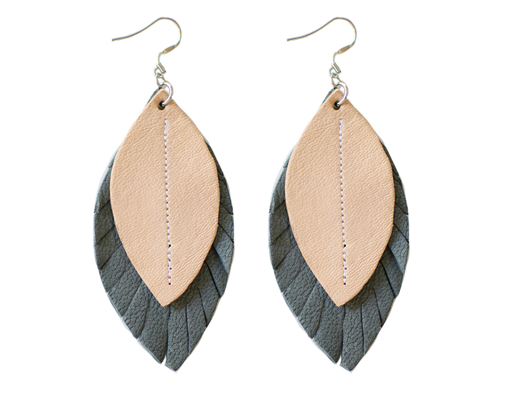 Two-Tone Feather Earrings - Grey + Blush