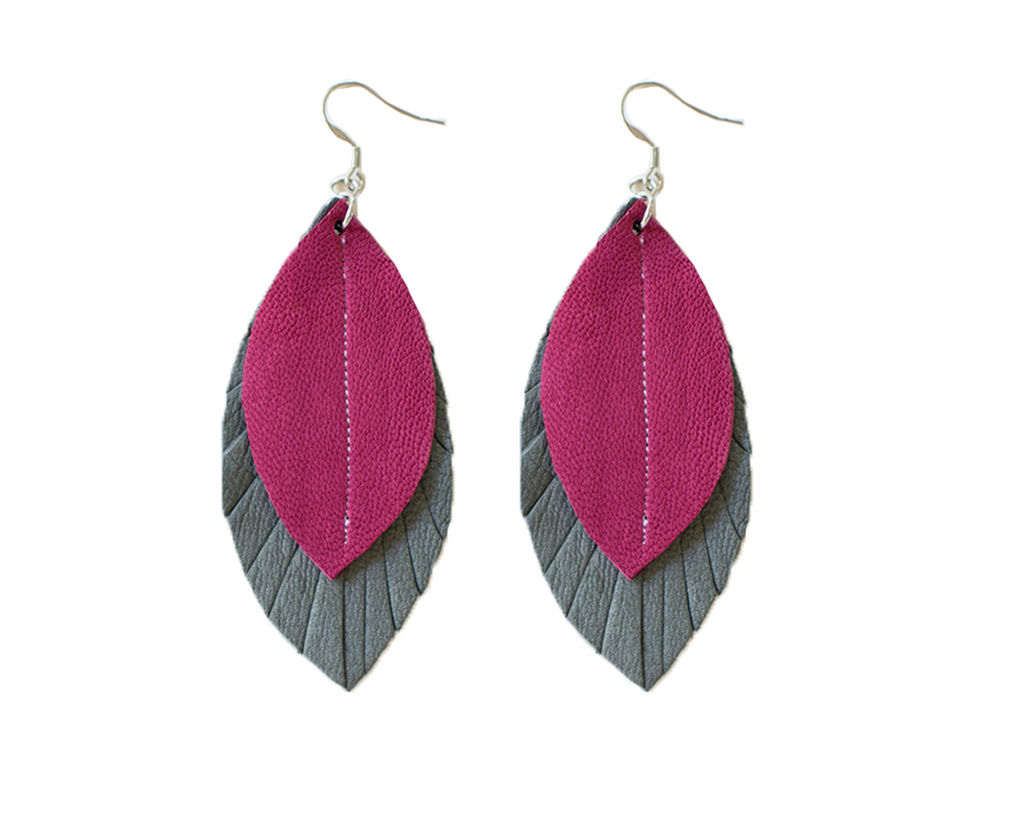 Two-Tone Feather Earrings - Grey + Rose