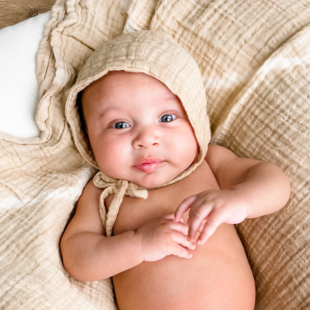 Muslin Baby Bonnet - Sand