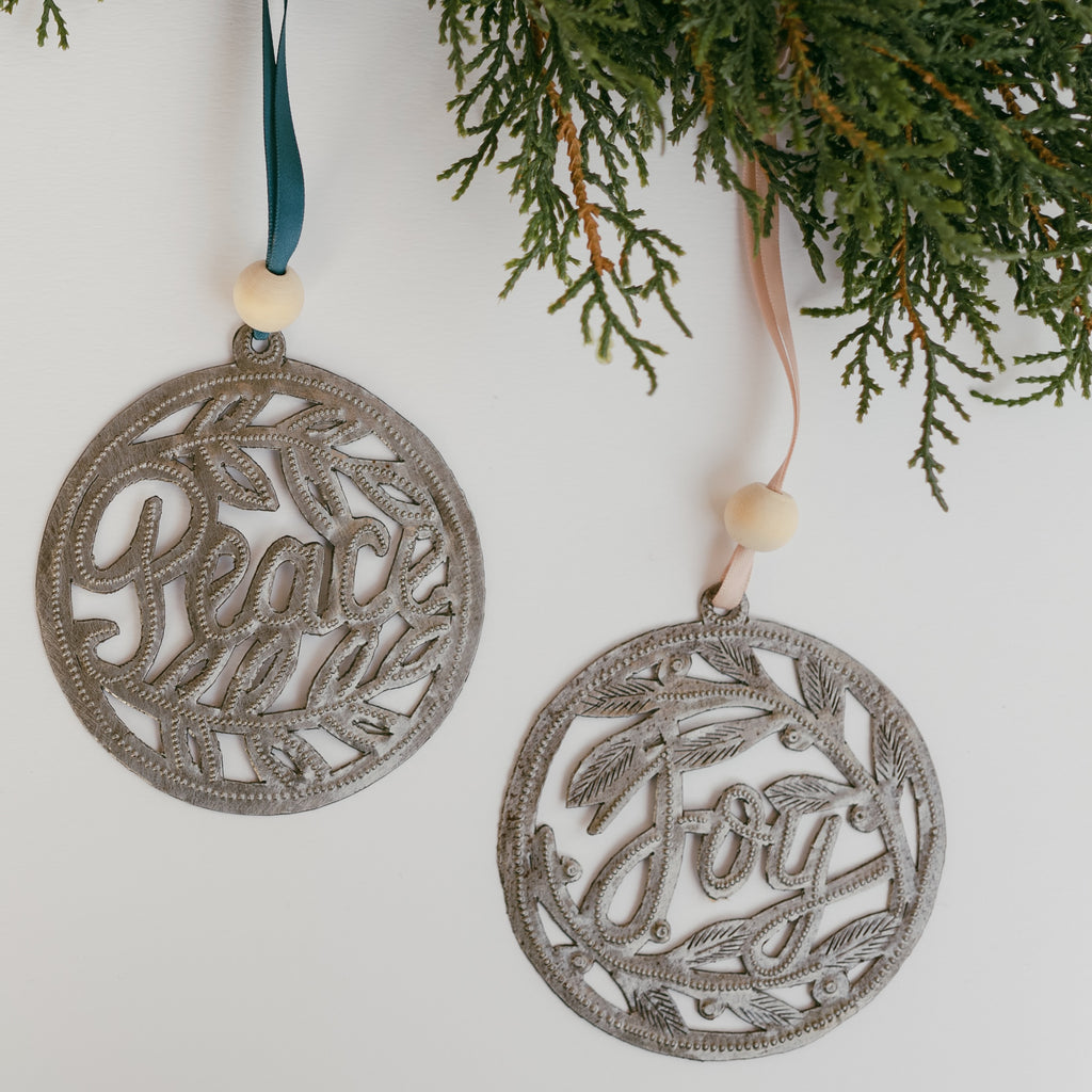 Metal Art Ornament - Joy with Leaves